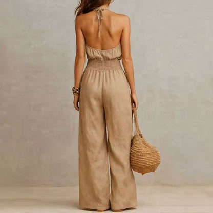 elegant brown halter jumpsuit for women back view with fitted waist refined feminine fashion perfect for stylish occasions and events