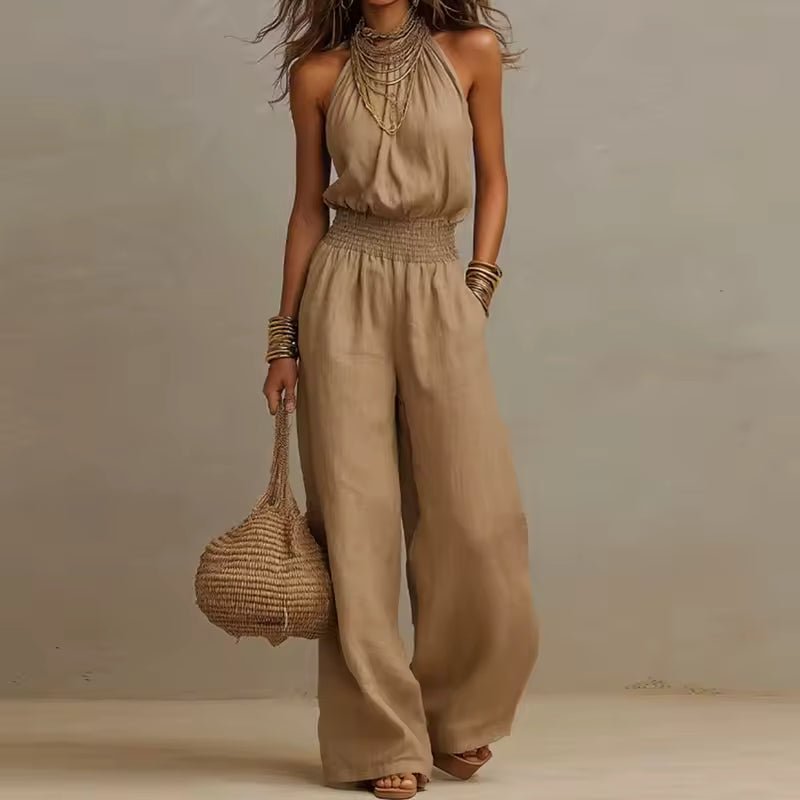 elegant brown halter jumpsuit for women with fitted waist sophisticated feminine fashion perfect for events dinners and special occasions