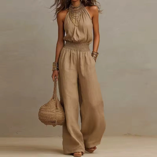 elegant brown halter jumpsuit for women with fitted waist sophisticated feminine fashion perfect for events dinners and special occasions