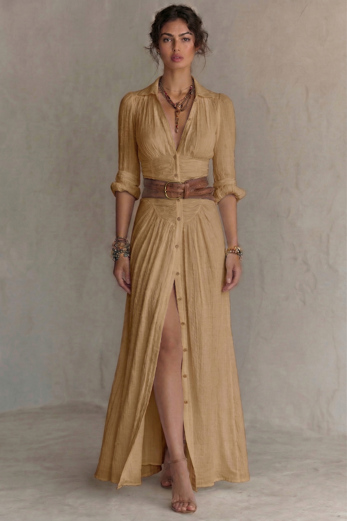 elegant brown pleated maxi dress for women with v neck and belt sophisticated feminine fashion perfect for events dinners and stylish occasions