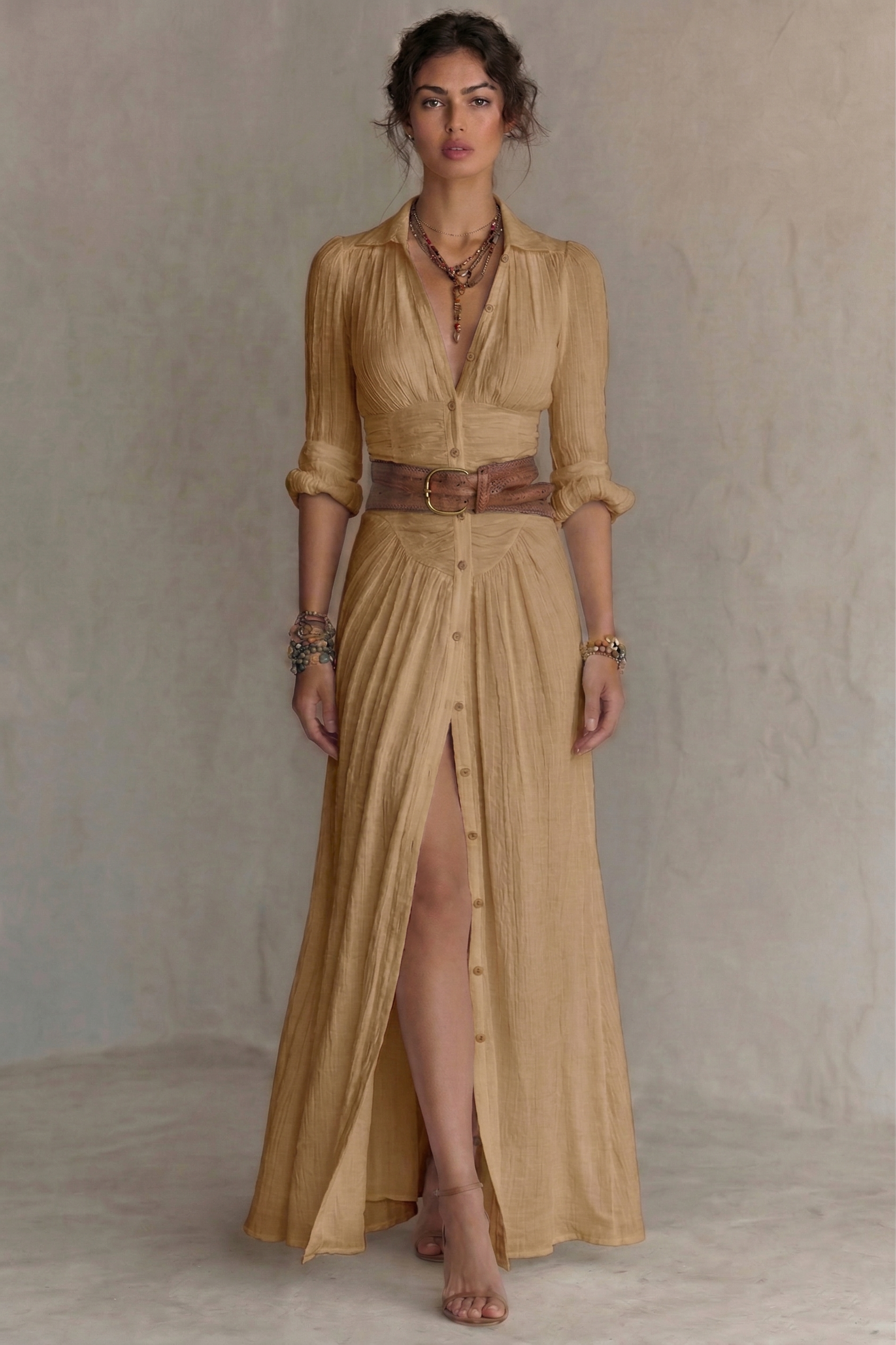 elegant brown pleated maxi dress for women with v neck and belt sophisticated feminine fashion perfect for events dinners and stylish occasions