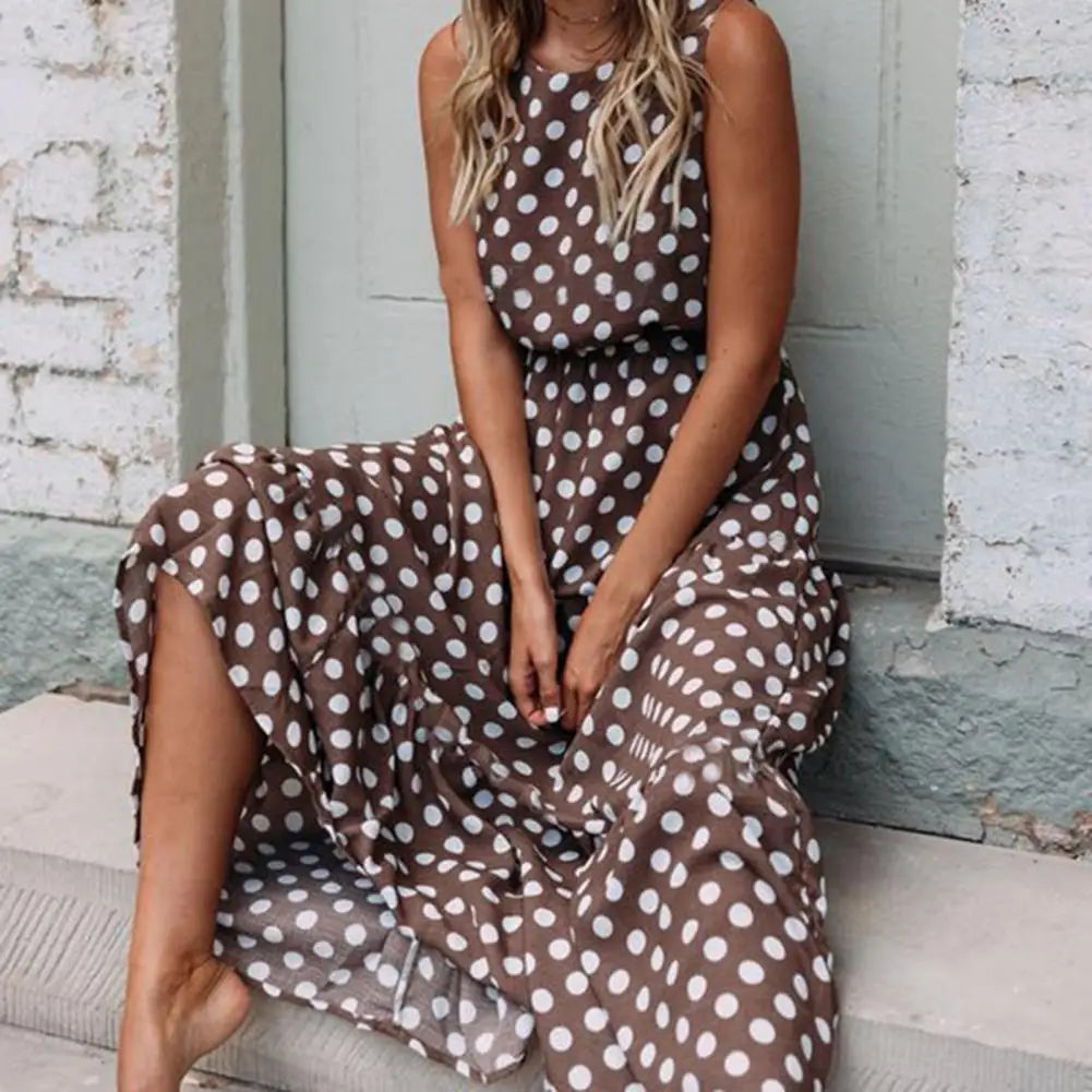 elegant brown polka dot sleeveless maxi dress for women with flowy silhouette sophisticated feminine fashion perfect for events and stylish occasions