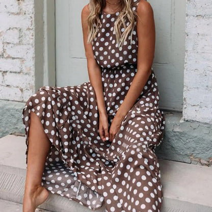 elegant brown polka dot sleeveless maxi dress for women with flowy silhouette sophisticated feminine fashion perfect for events and stylish occasions
