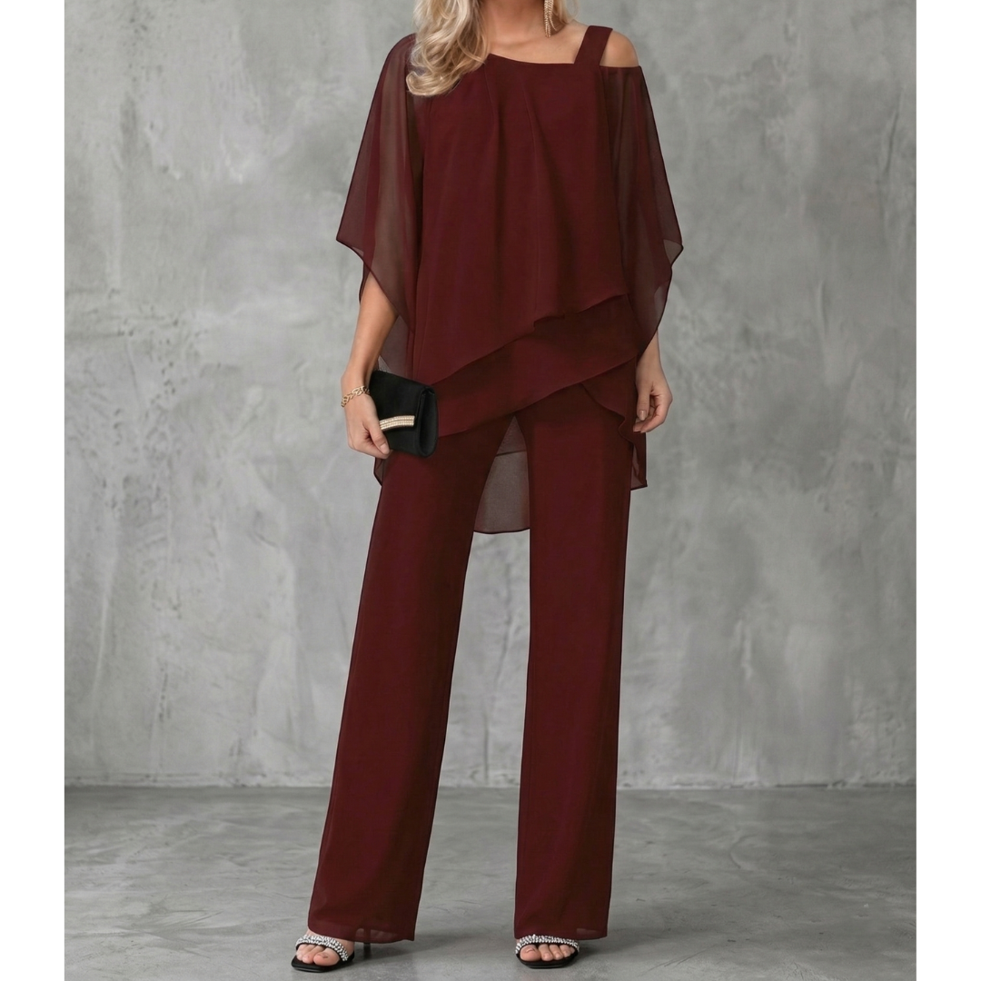 elegant burgundy asymmetric off shoulder two piece set for women sophisticated feminine fashion perfect for events dinners and special occasions