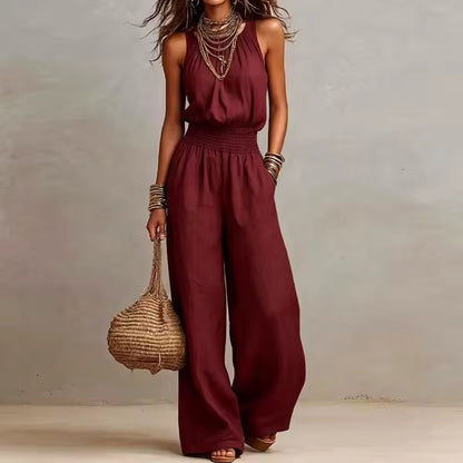 elegant burgundy halter jumpsuit for women with fitted waist refined feminine fashion perfect for events and stylish occasions