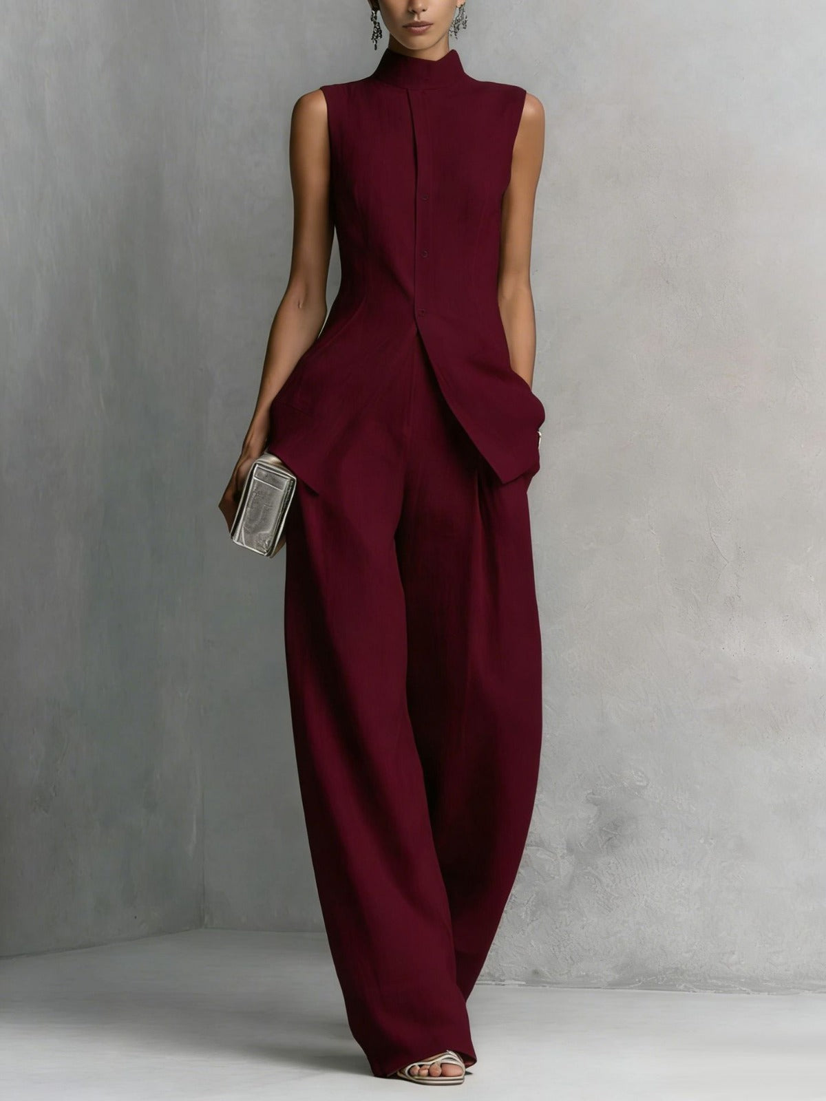elegant burgundy two piece set for women with high neck top and wide leg pants refined feminine fashion perfect for events and stylish occasions