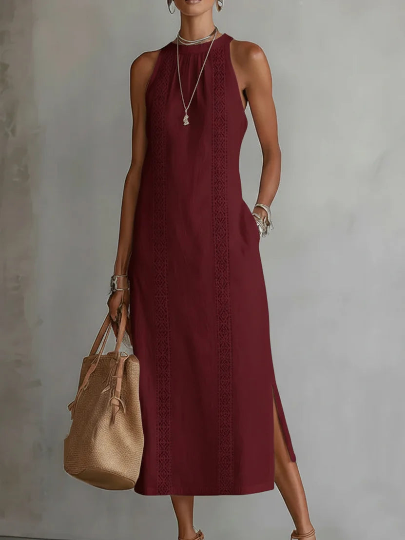 elegant burgundy off shoulder maxi dress for women with slit round neck sleeveless sophisticated feminine fashion perfect for events dinners and occasions