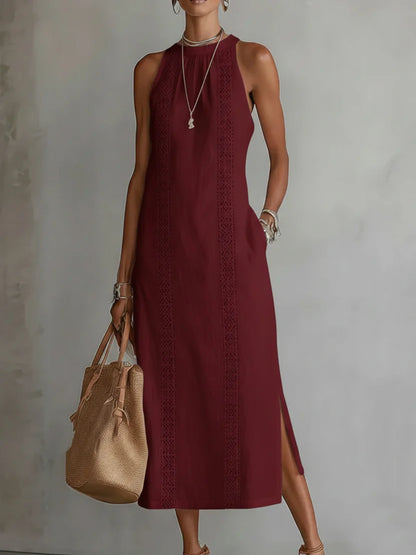 elegant burgundy off shoulder maxi dress for women with slit round neck sleeveless sophisticated feminine fashion perfect for events dinners and occasions