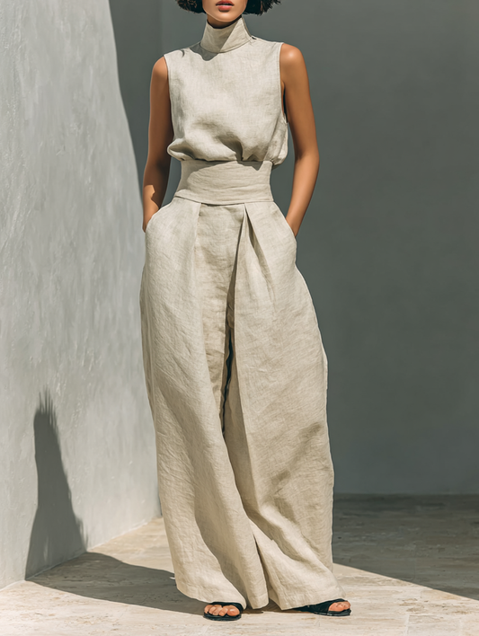 elegant cotton linen two piece set for women with sleeveless top and wide leg pants refined feminine fashion perfect for events and stylish outfits