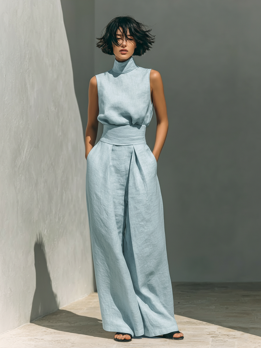 elegant light blue cotton linen two piece set for women with sleeveless top and wide leg pants refined feminine fashion perfect for events and special occasions