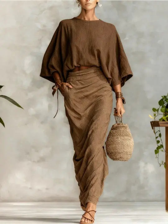 elegant dark brown two piece set for women with batwing sleeve top and long skirt sophisticated feminine fashion perfect for events and occasions