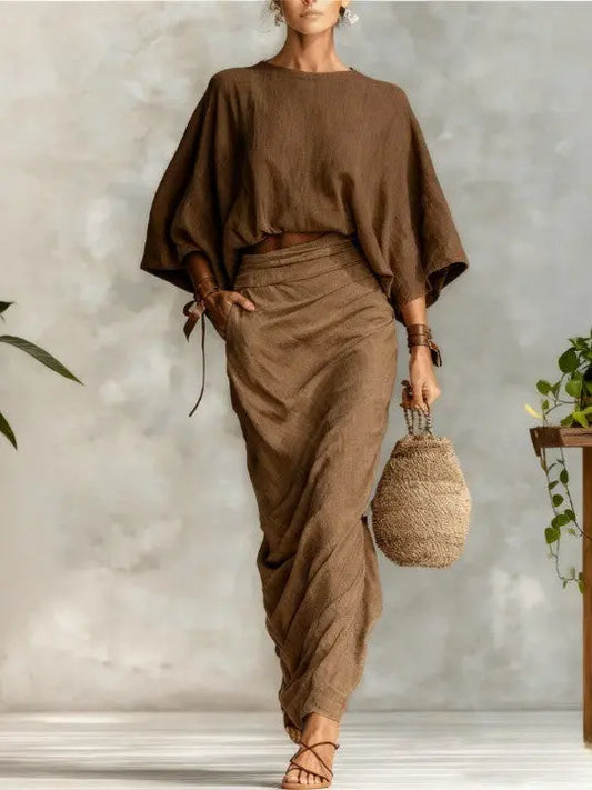 elegant dark brown two piece set for women with batwing sleeve top and long skirt sophisticated feminine fashion perfect for events and occasions