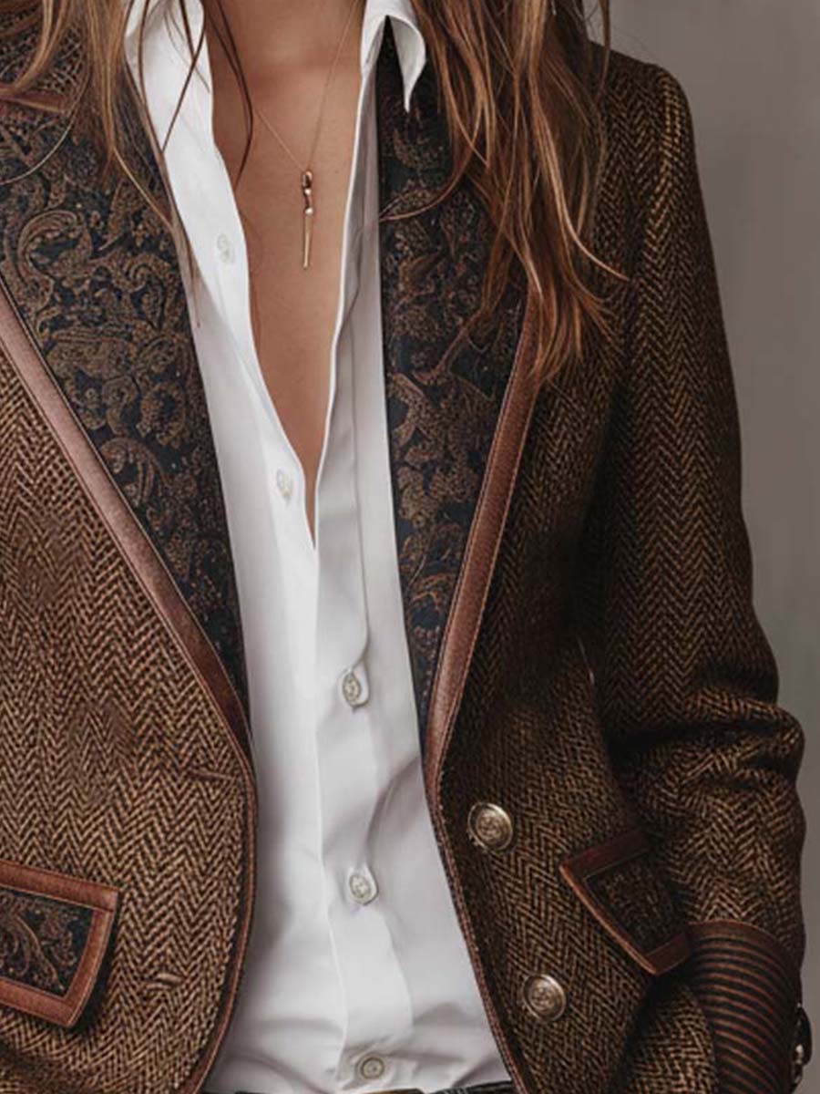 elegant tweed blazer for women with patterned panels refined feminine fashion perfect for office outfits events and stylish occasions