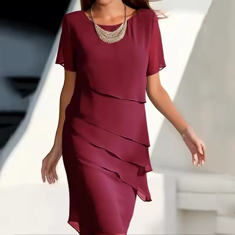 elegant burgundy draped chiffon midi dress for women with round neck sophisticated feminine fashion perfect for events dinners and special occasions