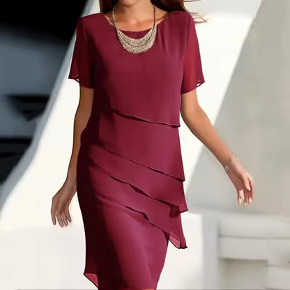 elegant burgundy draped chiffon midi dress for women with round neck sophisticated feminine fashion perfect for events dinners and special occasions