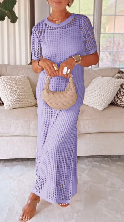 TWO-PIECE DRESS WITH BOAT NECK AND OPENWORK