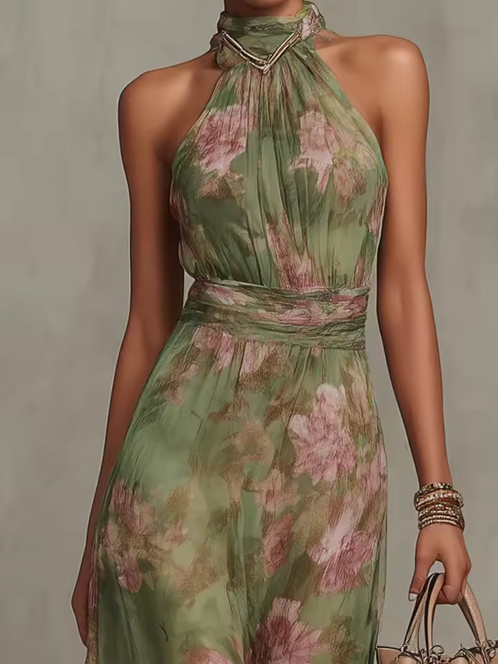 close up of floral halter neckline and elegant bodice detail refined feminine design ideal for weddings garden parties and sophisticated summer occasions