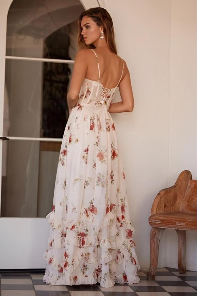 back view of floral maxi dress with adjustable open back structured fit and flowing silhouette sophisticated occasion wear for weddings vacations and elegant celebrations