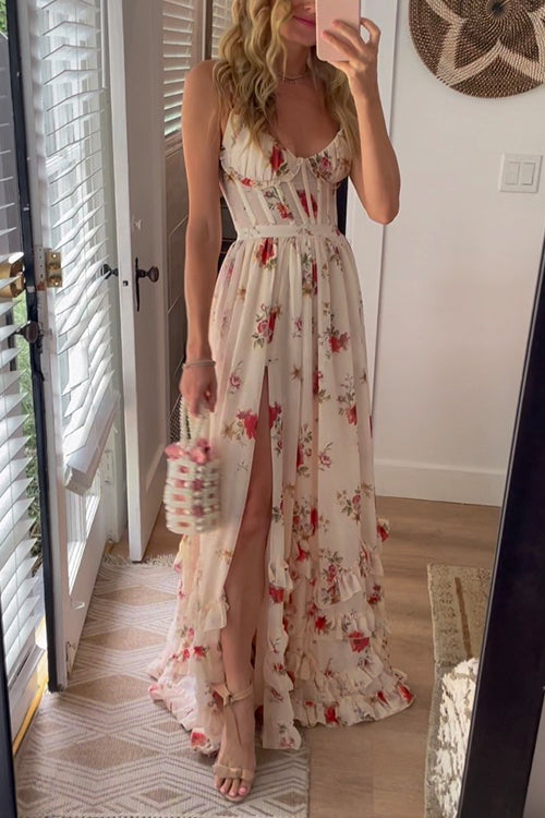 full length view of elegant floral maxi dress with flowing silhouette adjustable back and high slit ideal for destination weddings vacations garden parties and sophisticated summer occasions