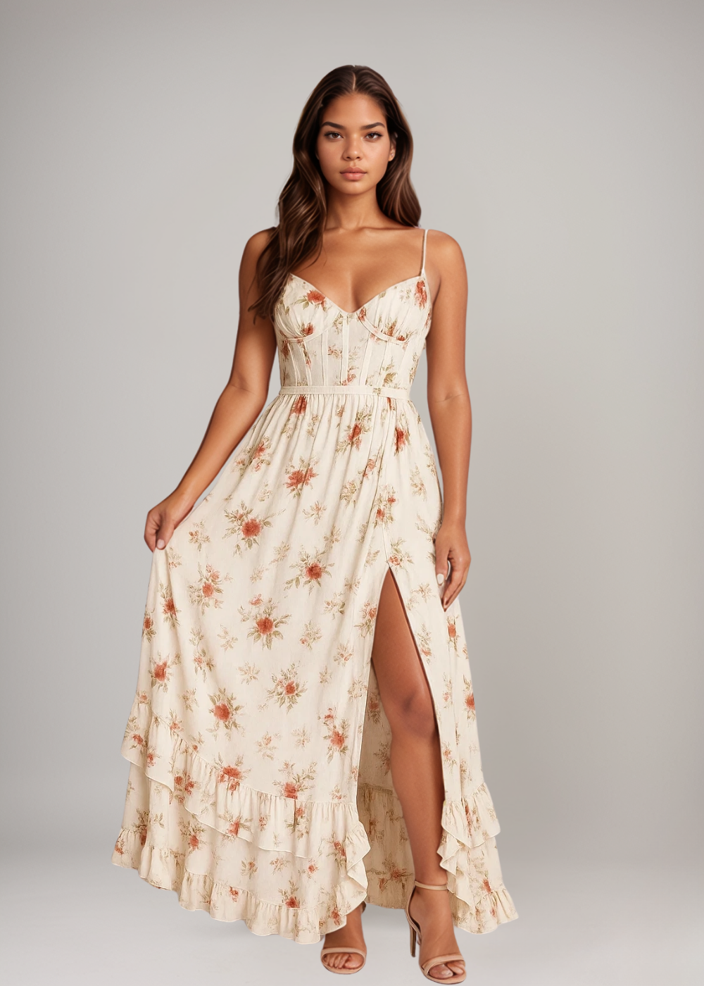 elegant floral maxi dress for women with structured sweetheart bodice adjustable back and flowing skirt with high slit ideal for summer weddings vacations and outdoor celebrations