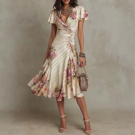 elegant floral v neck ruffle midi dress for women sophisticated feminine fashion perfect for events dinners and stylish occasions