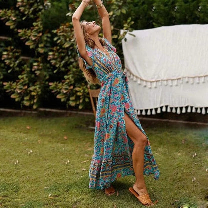 front view of elegant flowy maxi dress with graceful movement and relaxed feminine silhouette ideal for summer travel garden parties and timeless everyday elegance