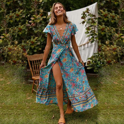 elegant flowy maxi dress for women with high slit lightweight silhouette and effortless resort style perfect for summer vacations garden walks outdoor events and sophisticated daytime occasions