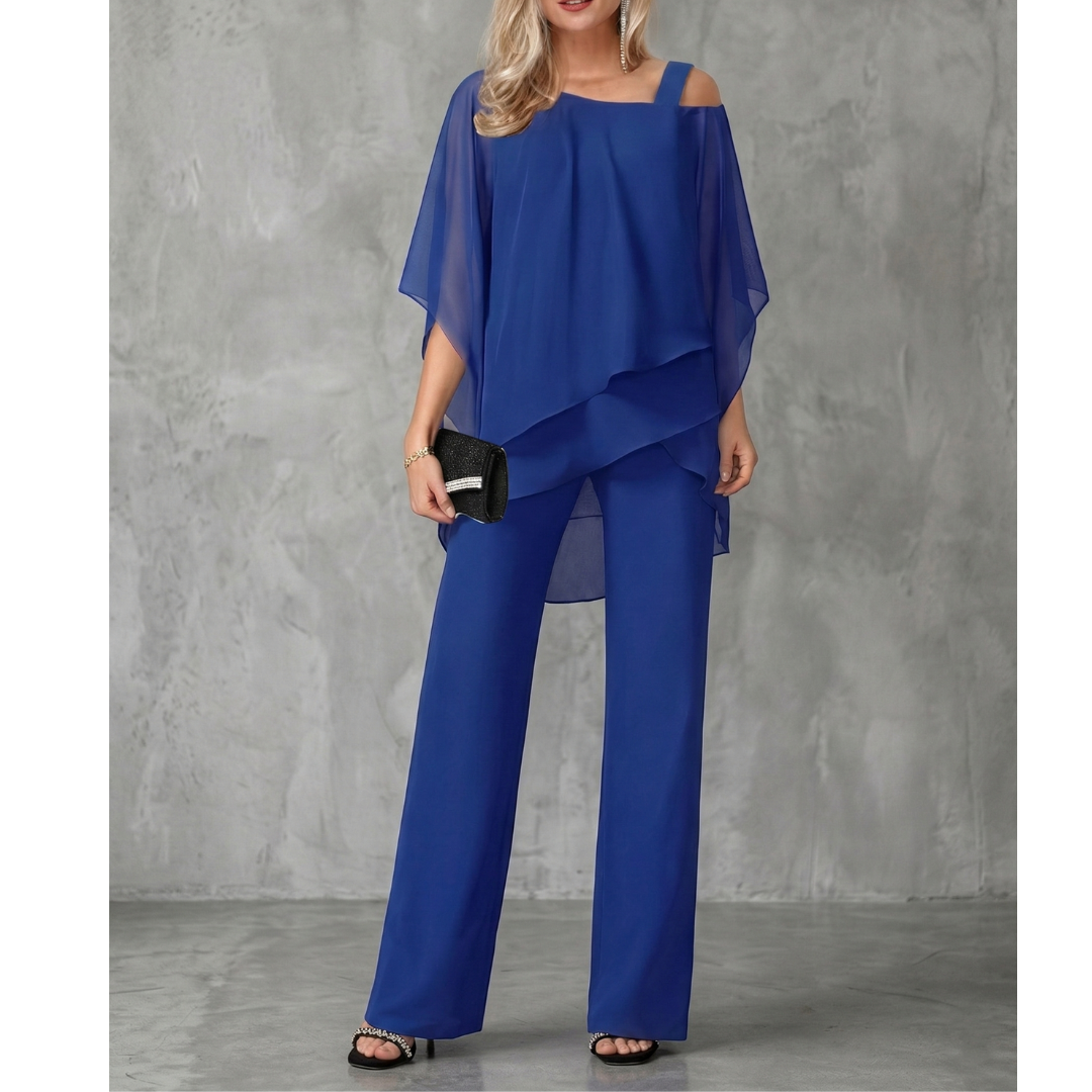 elegant french blue asymmetric off shoulder two piece set for women refined feminine fashion perfect for events dinners and elegant occasions