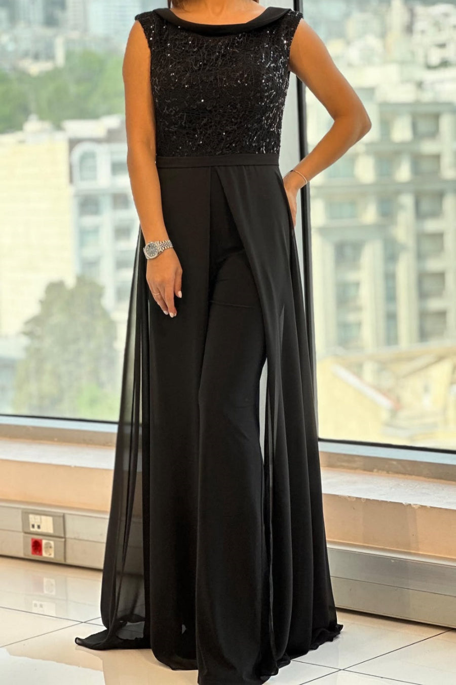 elegant long jumpsuit for women with tulle and glitter round neck sophisticated feminine fashion perfect for events parties and special occasions