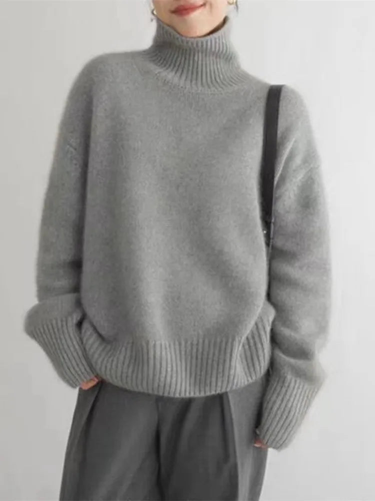 elegant gray cashmere high neck sweater for women sophisticated feminine fashion perfect for office outfits and stylish occasions