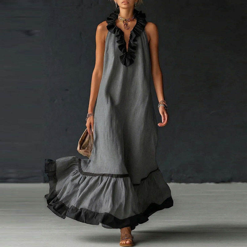 elegant gray colorblock ruffle maxi dress for women with v neck refined feminine fashion perfect for events dinners and stylish occasions