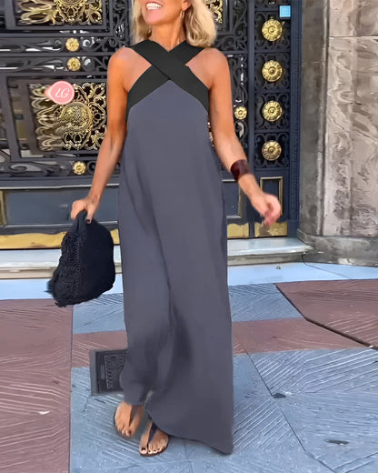 elegant gray cross halter maxi dress for women sophisticated feminine fashion perfect for events dinners and stylish occasions