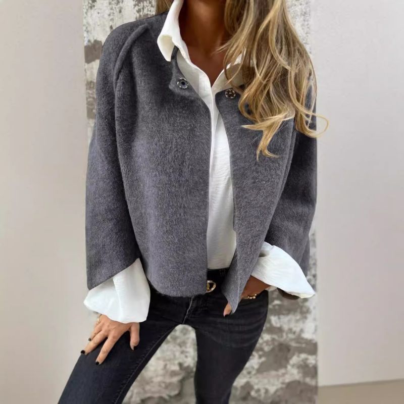 elegant gray wool cape for women with front closure sophisticated feminine fashion perfect for stylish outfits and occasions
