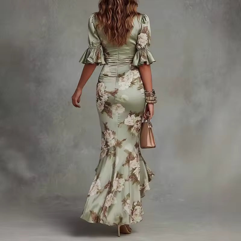 elegant green asymmetric floral maxi dress for women back view with deep v neck and ruffles refined feminine fashion perfect for weddings and occasions