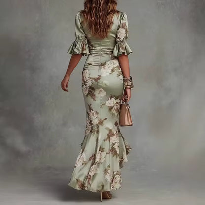 elegant green asymmetric floral maxi dress for women back view with deep v neck and ruffles refined feminine fashion perfect for weddings and occasions