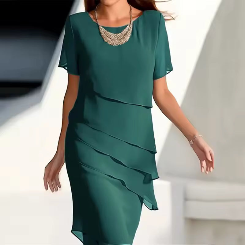 elegant green draped chiffon midi dress for women with round neck refined feminine fashion perfect for events dinners and elegant occasions