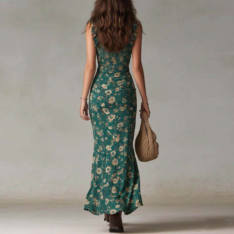FLORAL MAXI DRESS WITH IRREGULAR HEM, RUFFLES, HIGH SLIT AND BOHO STYLE Loopy Wear FLORAL MAXI DRESS WITH IRREGULAR HEM, RUFFLES, HIGH SLIT AND BOHO STYLE Loopy Wear
