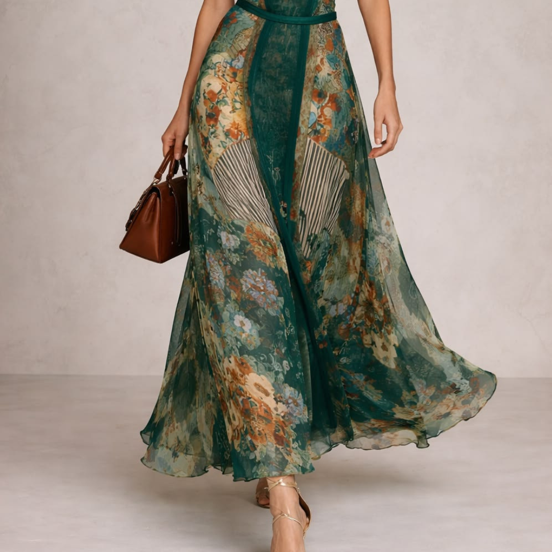 elegant green floral boho maxi dress for women skirt detail with flowy fabric and elegant print sophisticated feminine fashion perfect for ceremonies and occasions