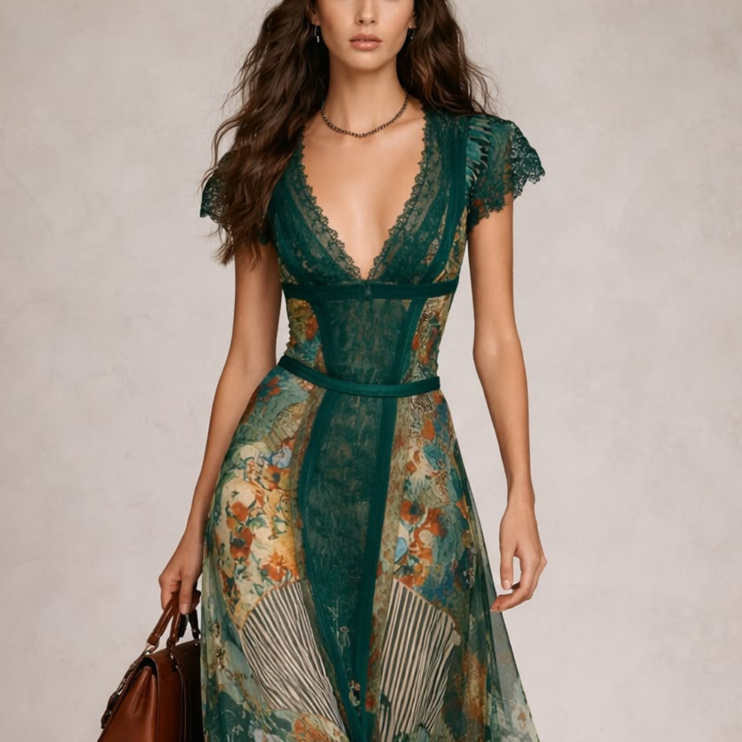 elegant green floral boho maxi dress for women top detail with mixed prints and sleeveless design refined feminine fashion perfect for events