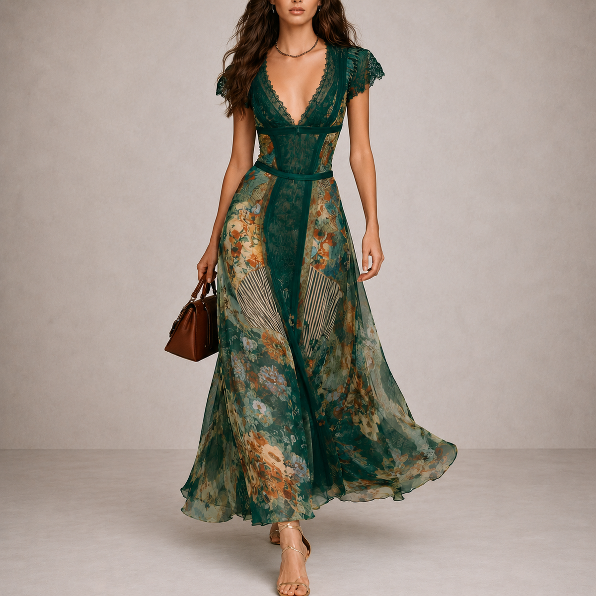 FLORAL MAXI DRESS WITH DEEP NECKLINE, DEFINED WAIST AND BOHO ELEGANCE – Loopy Wear