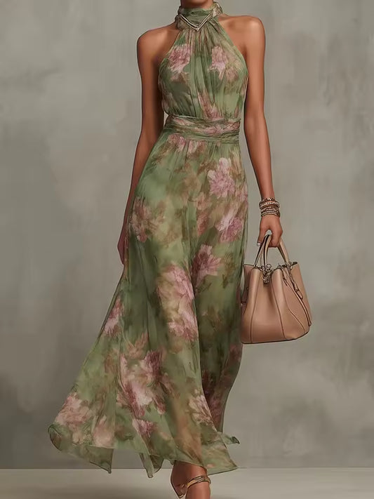 elegant green floral halter chiffon maxi dress for women with waist belt sophisticated feminine fashion perfect for events and special occasions