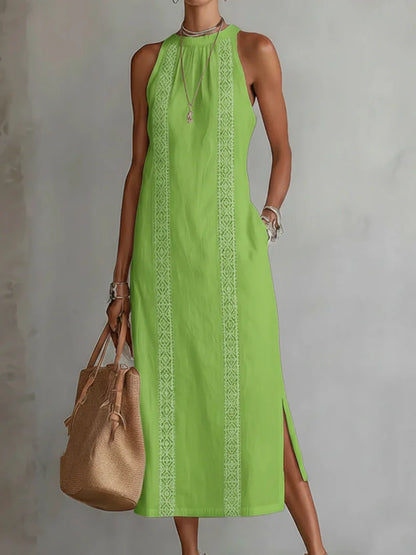 elegant green off shoulder maxi dress for women with slit round neck sleeveless refined feminine fashion perfect for outings and stylish occasions