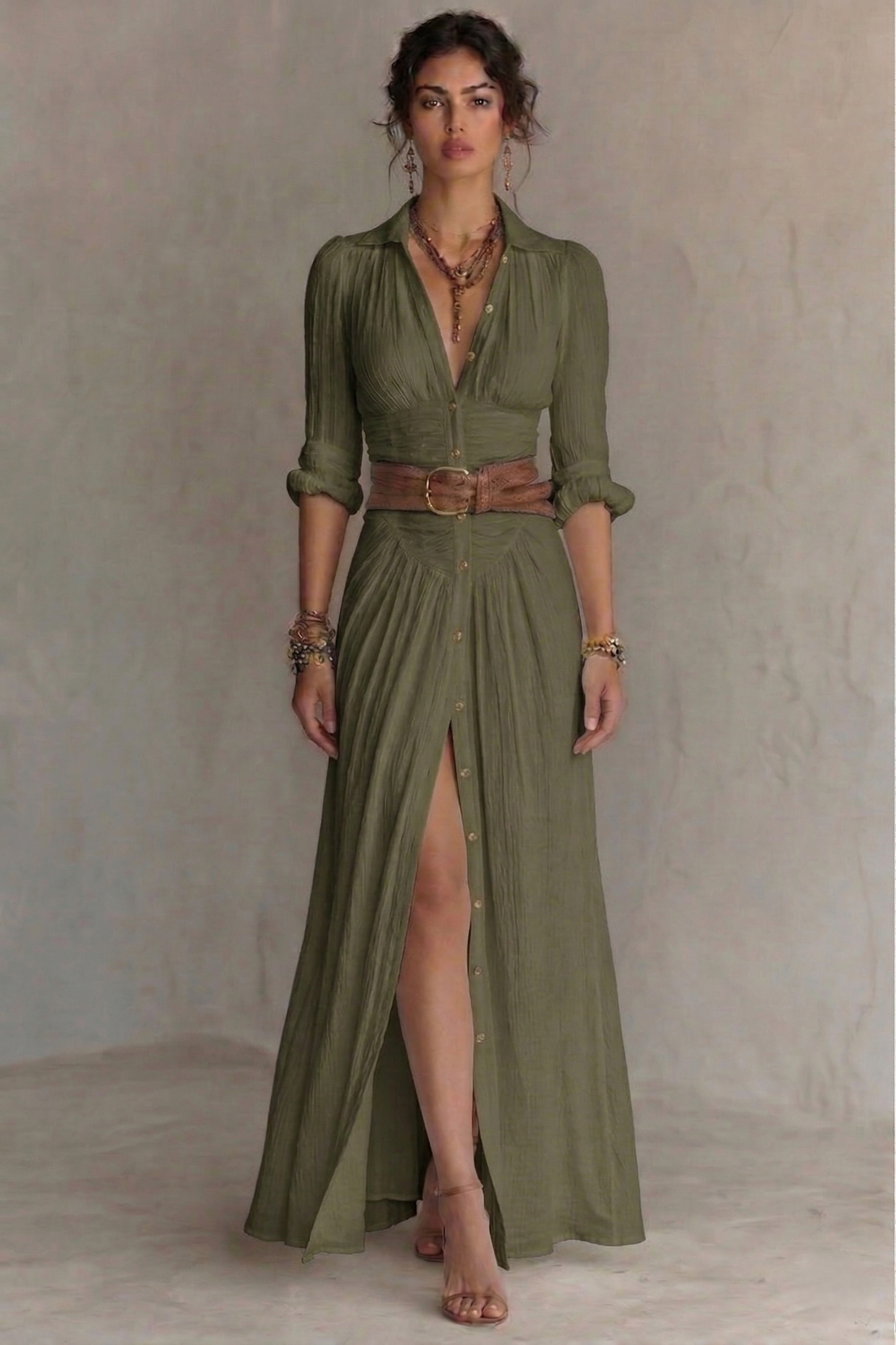elegant green pleated maxi dress for women with v neck and belt refined feminine fashion perfect for events dinners and elegant occasions