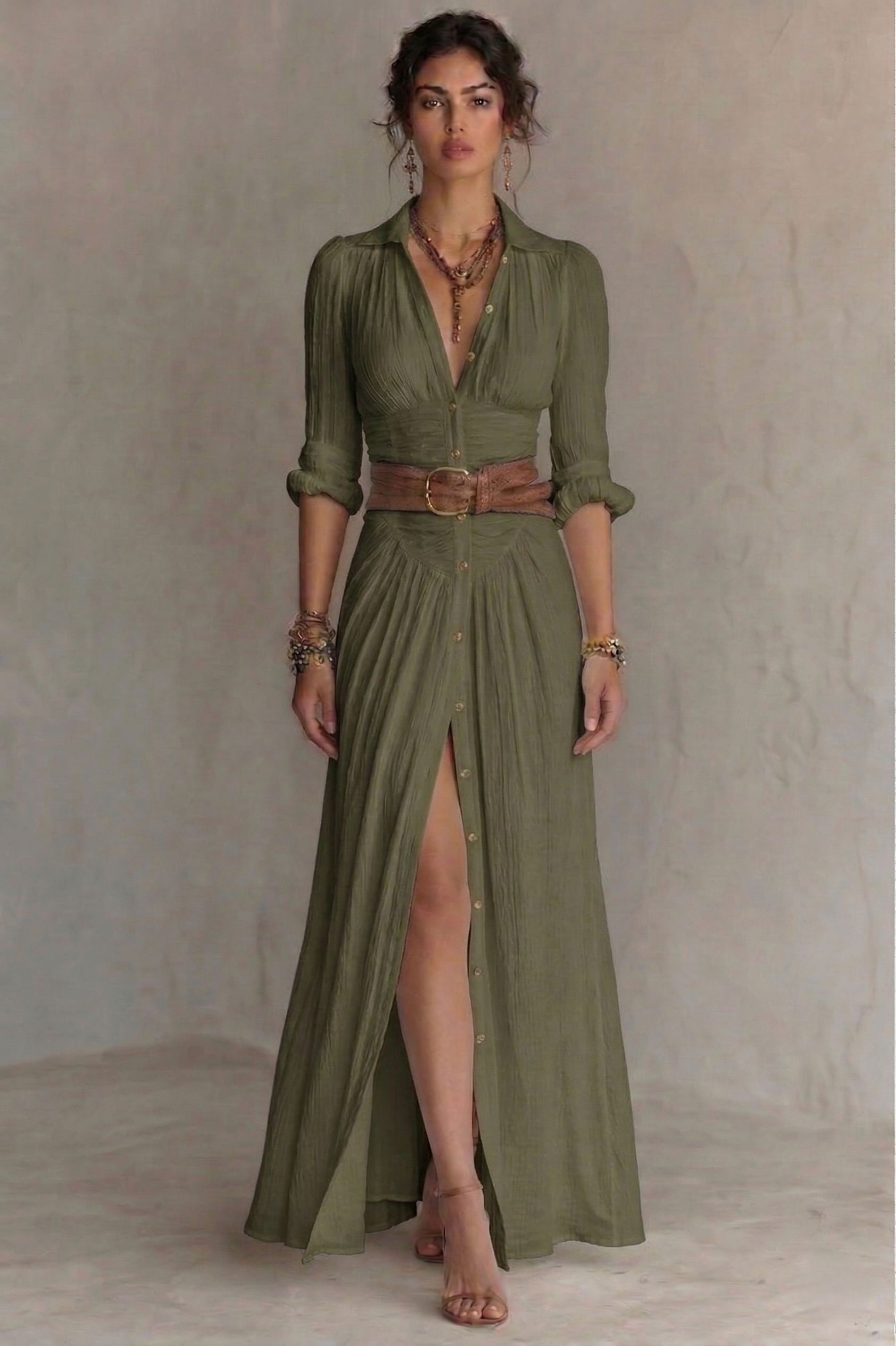 elegant green pleated maxi dress for women with v neck and belt refined feminine fashion perfect for events dinners and elegant occasions