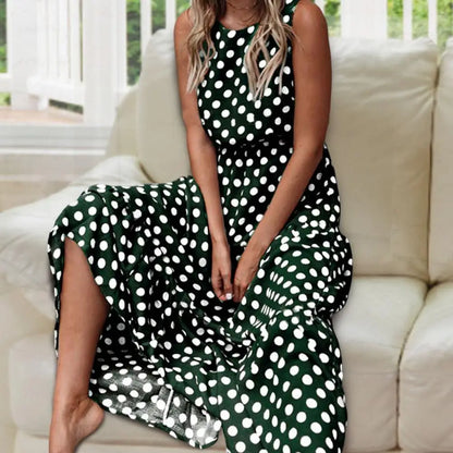 elegant green polka dot sleeveless maxi dress for women with flowy silhouette sophisticated feminine fashion perfect for events and stylish occasions