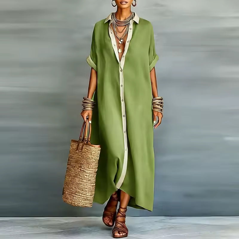 elegant green shirt maxi dress for women with lapel collar button front and short sleeves versatile feminine silhouette perfect for office wear travel and polished casual looks
