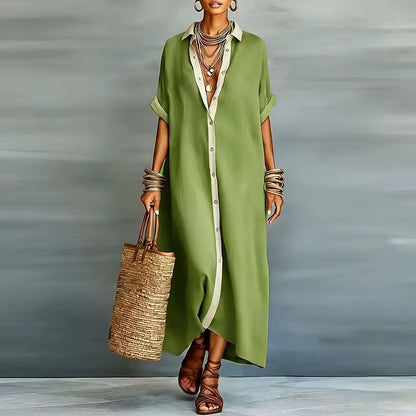 elegant green shirt maxi dress for women with lapel collar button front and short sleeves versatile feminine silhouette perfect for office wear travel and polished casual looks