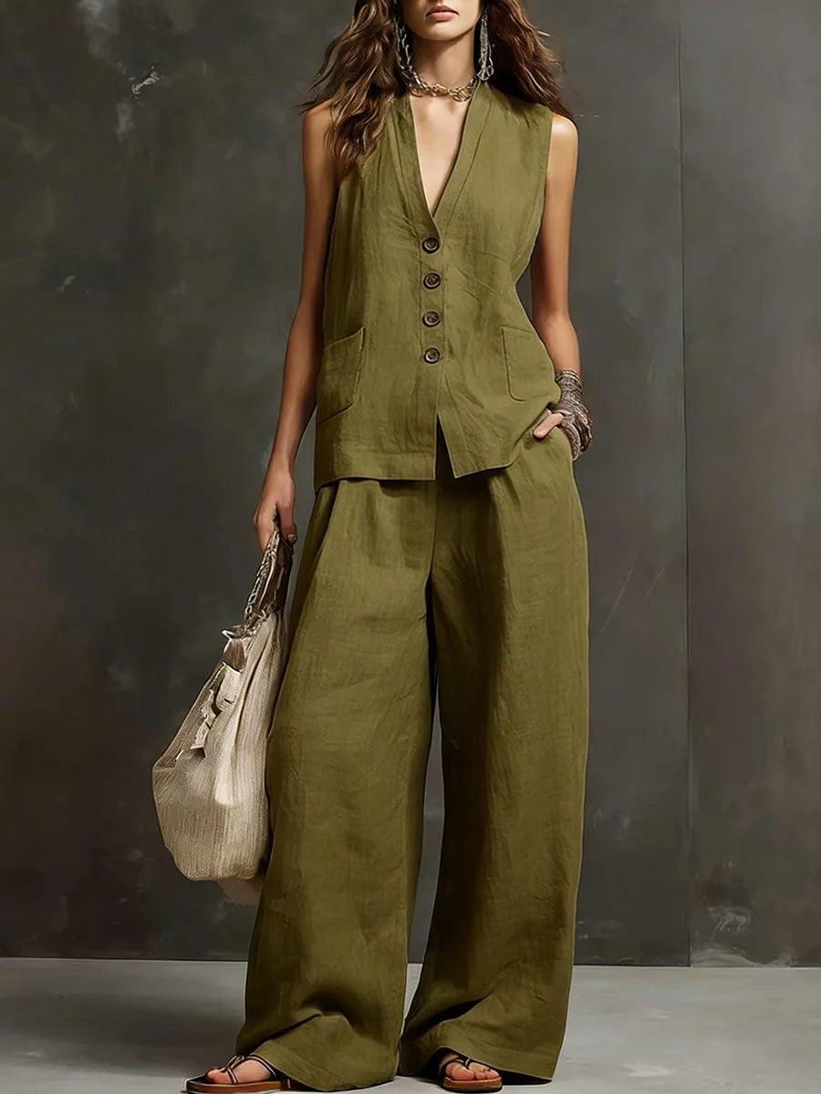 elegant green two piece set for women with v neck button top and wide leg pants sophisticated feminine fashion perfect for events dinners and occasions