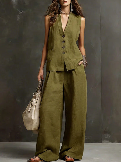 elegant green two piece set for women with v neck button top and wide leg pants sophisticated feminine fashion perfect for events dinners and occasions