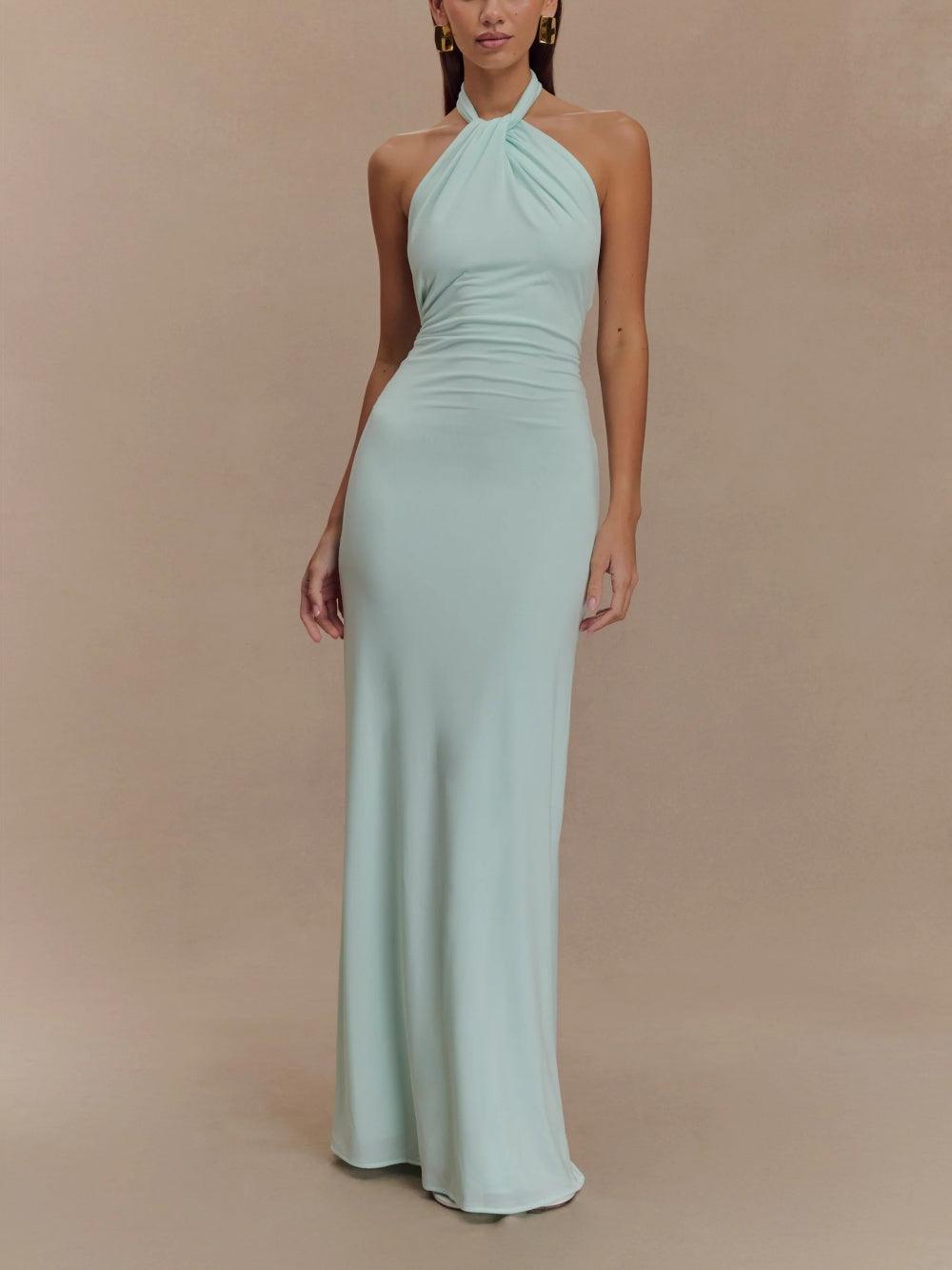 elegant halter fitted maxi dress for women sophisticated feminine fashion perfect for events dinners and special occasions